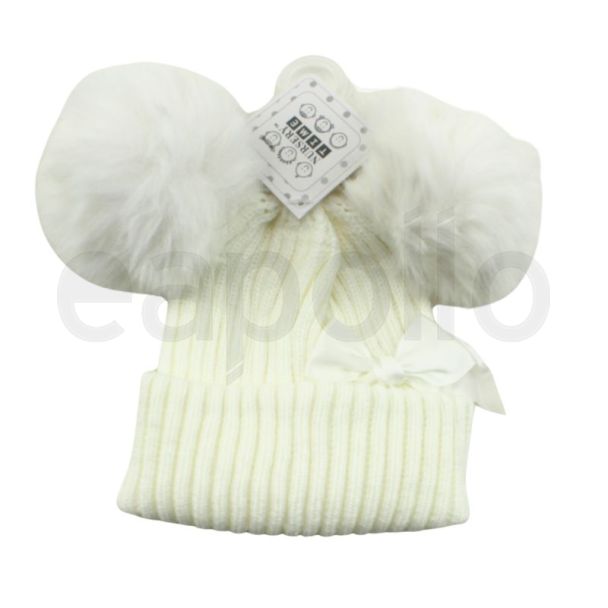 Baby Two Pom Pom Hat with Satin Bow - White