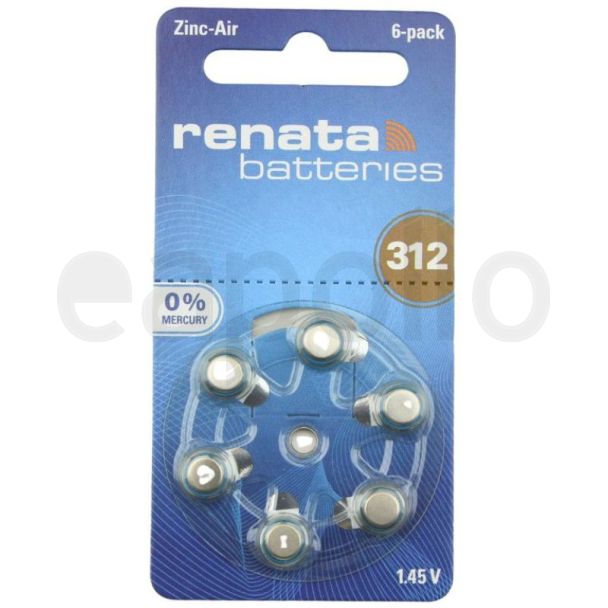 6pcs Renata 312 (PR41) Zinc-Air Hearing Aid Batteries - 1.45V