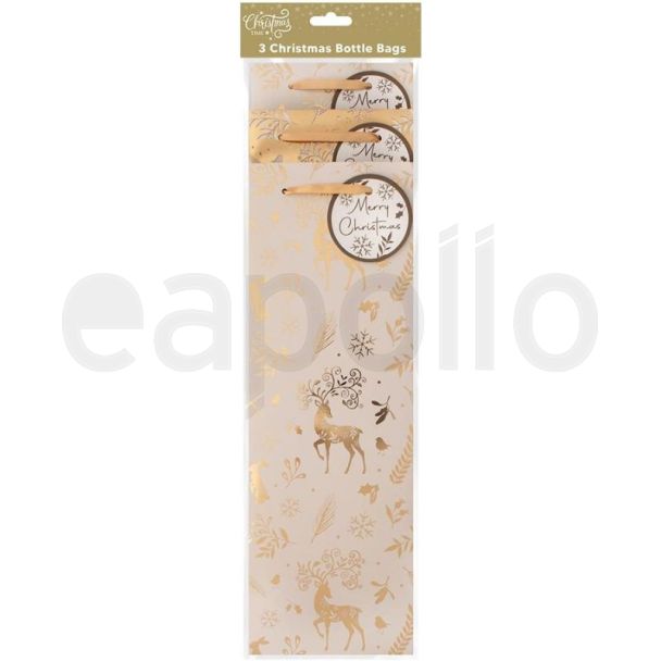 Green Christmas Gold Reindeer Foil Bottle Gift Bags – Pack of 3
