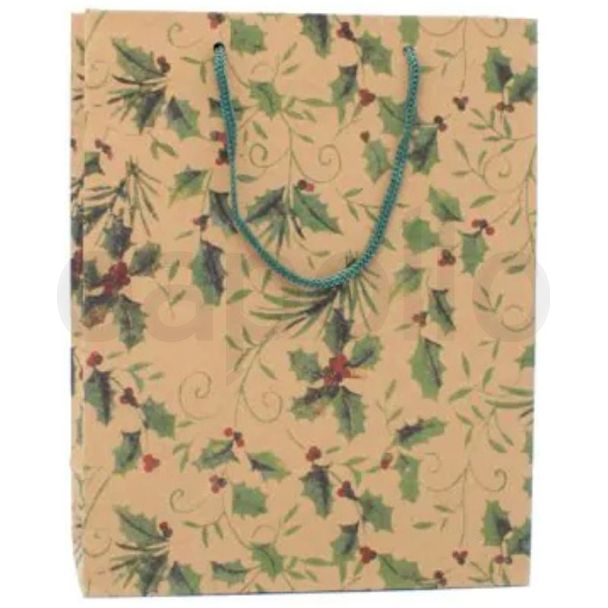 Holly Print Kraft Paper Gift Bag — 24.5×19×8cm