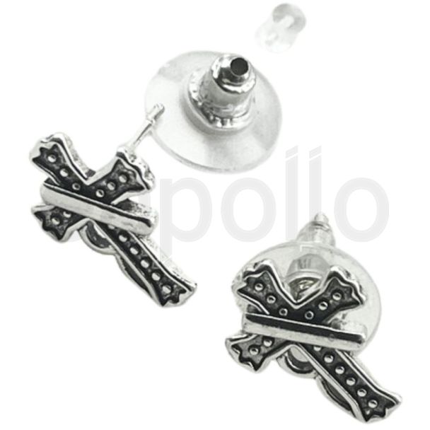 Cross Stud Earrings with Textured Bumps and Silver Line Detail