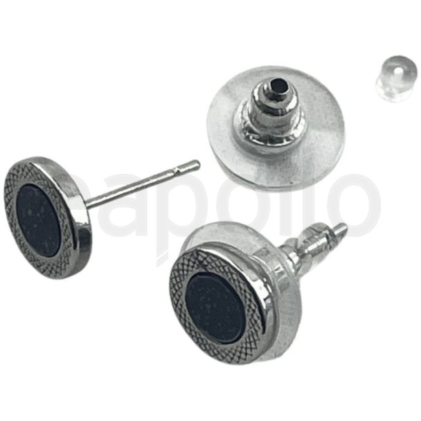 Silver Circle Stud Earrings with Black Center Stone
