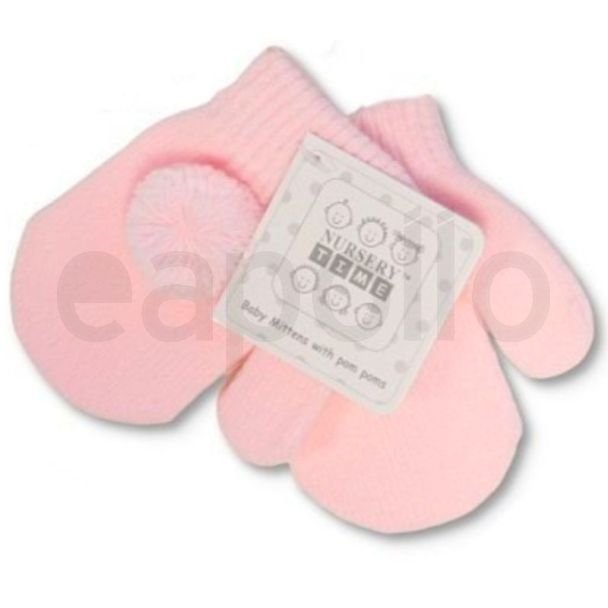 Knitted Baby Mittens with Pompoms – Pink