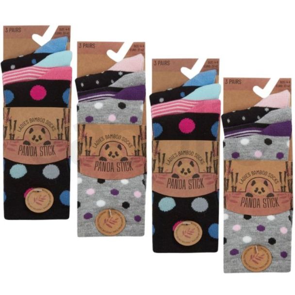 Ladies Panda Stick Bamboo Socks Spots and Stripe Design - Assorted
