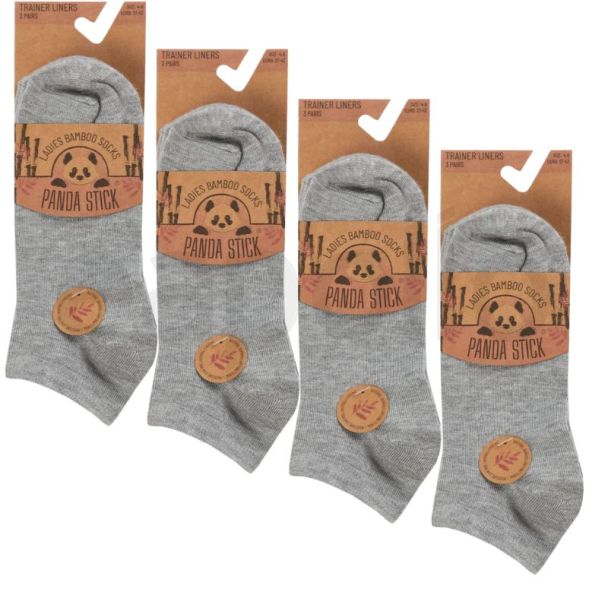 Ladies Panda Stick Grey Bamboo Trainer Liner Socks (3 Pack) - Grey