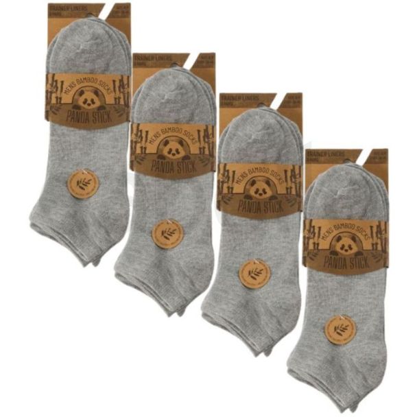 Men's Panda Stick Grey Bamboo Trainer Liner Socks (3 Pack) - Grey