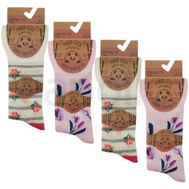 Ladies Panda Stick Bamboo Comfort Fit Floral Socks (3 Pack) - Assorted