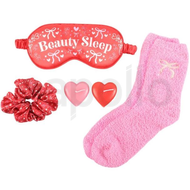 Beauty Sleep Gift Set with Fluffy Socks, Eye Mask, Scrunchie and Heart Candles