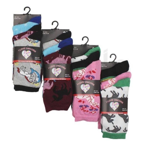 Wholesale Children's 'I Love Unicorn' Design Socks - (3 Pair Pack) - Asst.