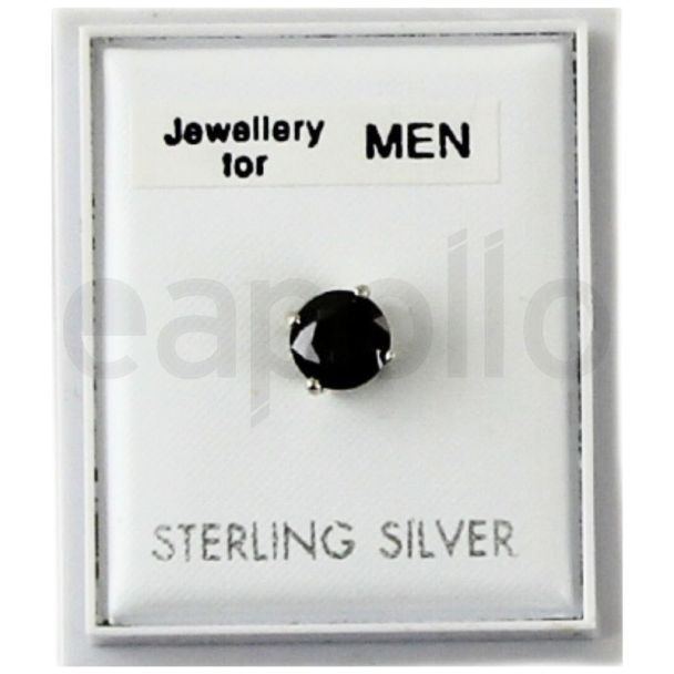 Men's Black Sterling Silver Round CZ Stud 6 mm