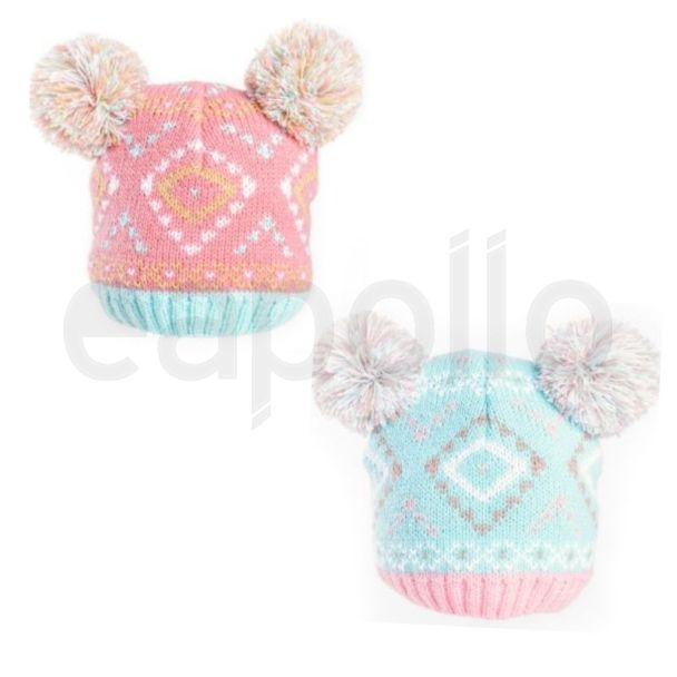 Baby Girl Jacquard Knit Double Pom-Pom Hat