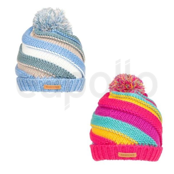 Girls Chunky Knit Stripy Bobble Hat