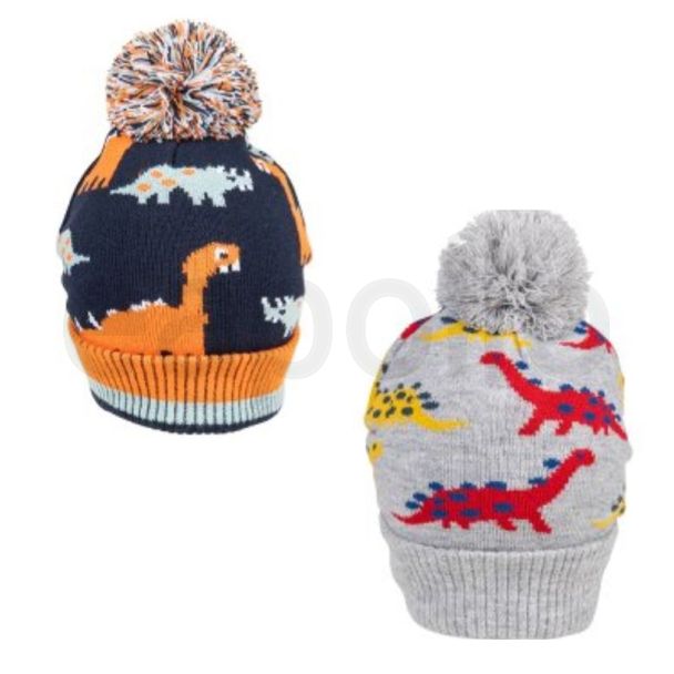 Boys Dino Print Knitted Bobble Hat