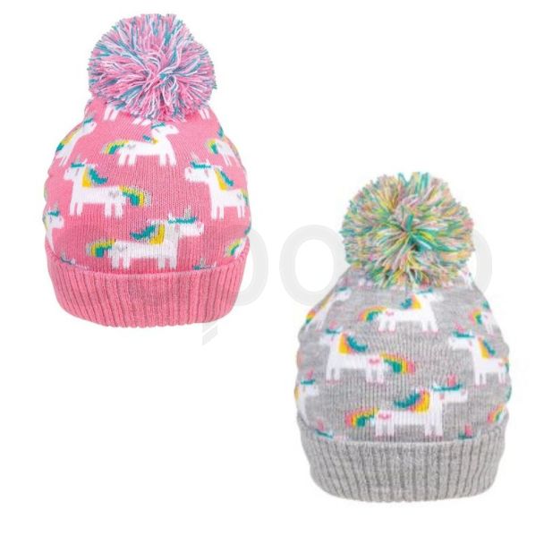 Girls Unicorn Print Knitted Bobble Hat