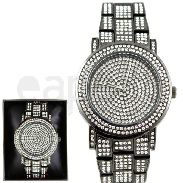 Wholesale NY London Mens Classic Bling Crystals Dial Fashion Watch - Gun Black