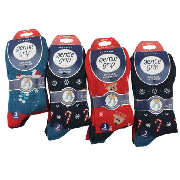 Ladies Gentle Grip Cotton Blend Non Binding Ankle Socks Xmas Festival Design (3 Pack) - Assorted