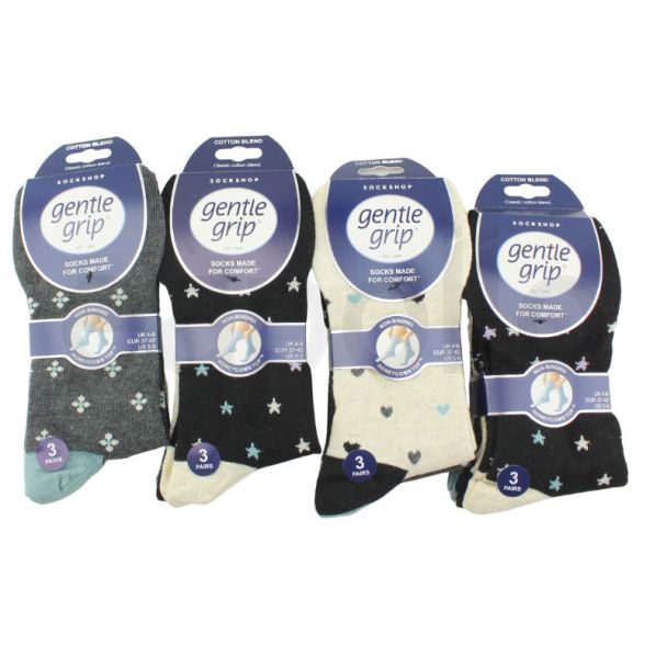 Ladies Gentle Grip Cotton Blend Non Binding Ankle Socks Micro Pattern Design (3 Pack) - Assorted