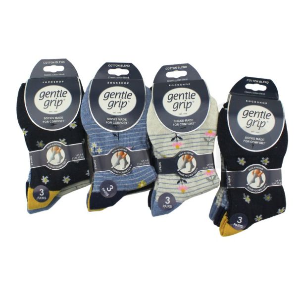 Ladies Gentle Grip Cotton Blend Non Binding Ankle Socks Daisies & Butterfly Design (3 Pack) - Assorted