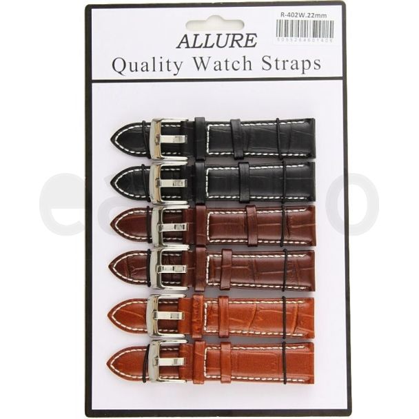 Wholesale Allure Premium Leather Croc Finish Stitch Watch Straps - Assorted - 22mm