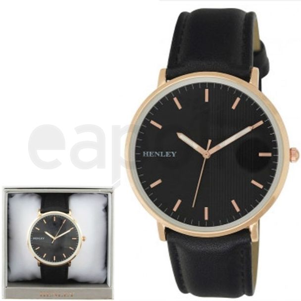 Wholesale Henley Mens Modern Analogue Watch with Leather Strap- Black/Rose Gold