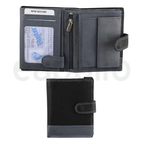 Men's Leather RFID Wallet With Closure Button - Black/Grey