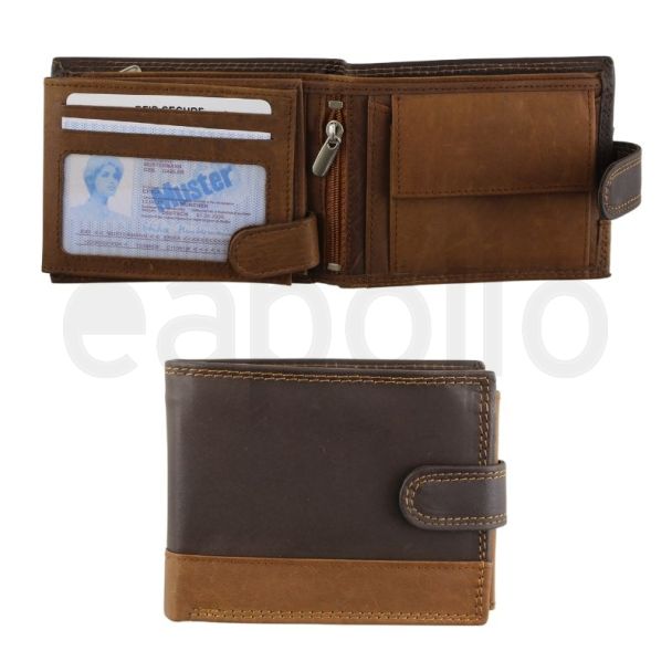 Men's Leather RFID Wallet With Closure Button - Brown/Tan