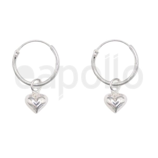 Sterling Silver Hoop Earrings with Puffed Heart Charm – 12mm