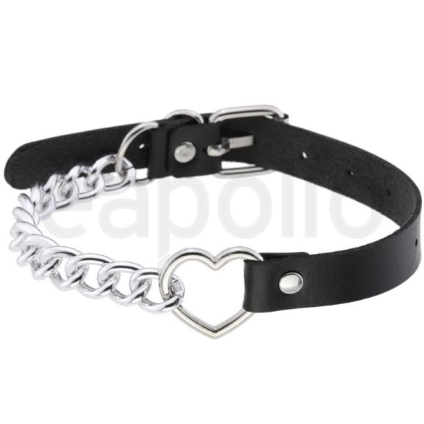 Vegan Leather Choker with Heart and Chain Link Design