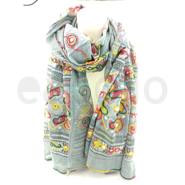 Ladies Multi Colours  Embroidery Mirror Dupatta - Grey