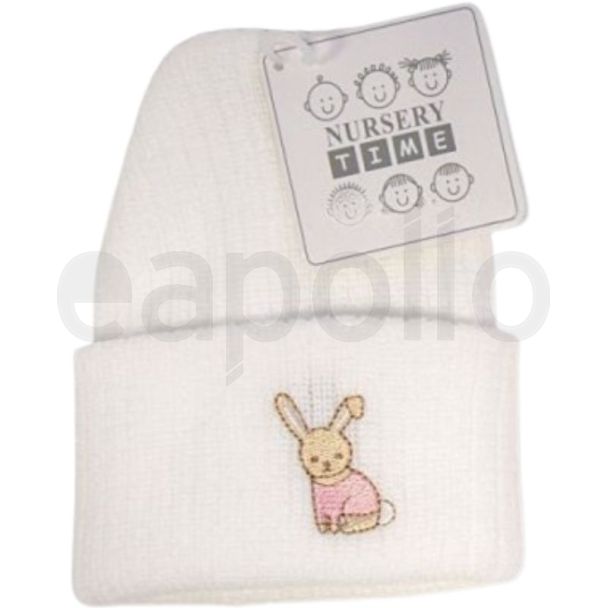 White Knitted Baby Hat with Rabbit Embroidery – Pink Detail