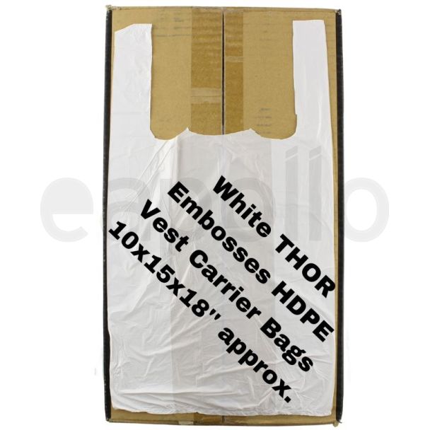 White THOR Embossed HDPE Vest Carrier Bags 10x15x18" 