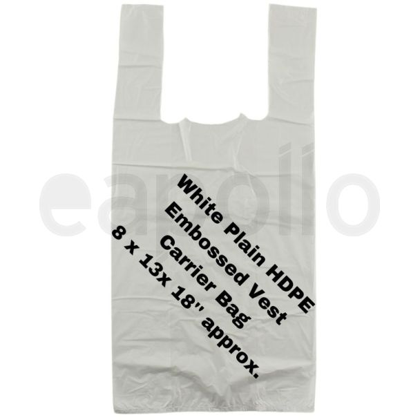 White Plain HDPE Embossed Vest Carrier Bags 8x13x18"