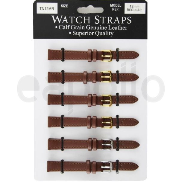 Calf Grain Brown Leather Regular Watch Straps - Asst. Buckles - 12mm
