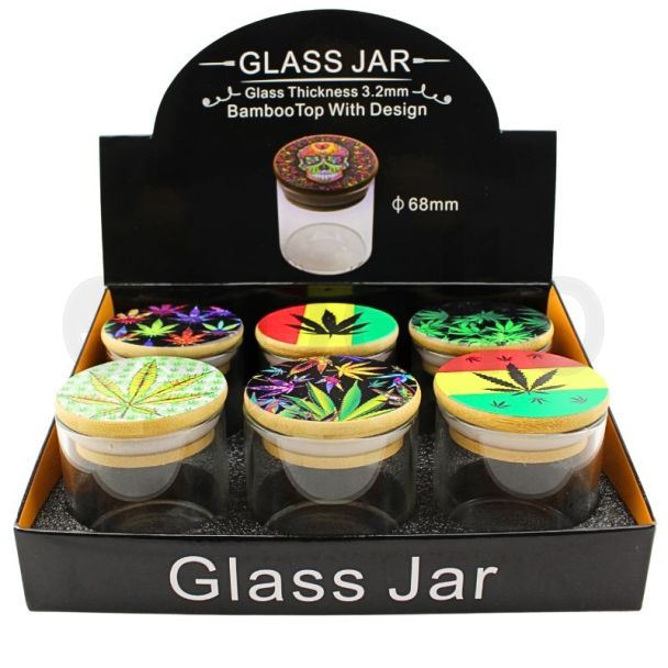 Wholesale Clear Bamboo Top Glass Jars (70 x 68mm) - Assorted Designs