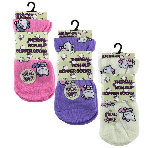 Wholesale Girls Thermal Non Slip Slipper Socks Cat Design (1pack) - Size 12½ -3½ 