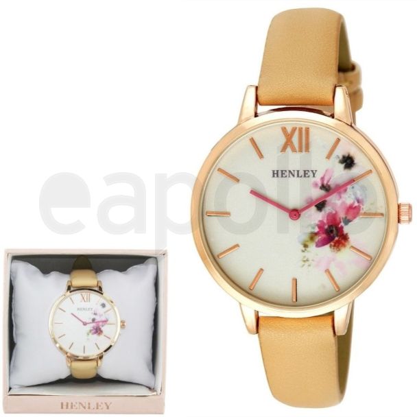 Wholesale Henley Ladies Floral Print Leather Strap Watch - Honey