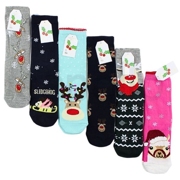 Wholesale Ladies Cotton Rich Christmas Design Wellington Socks - Assorted Designs