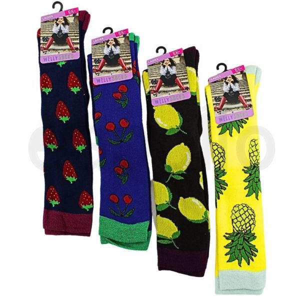 Wholesale Ladies Fruits Design Wellington Socks (1 Pack) - Assorted Colours & Designs