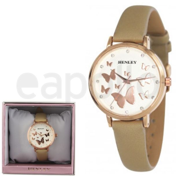 Wholesale Ladies Henley Butterfly Design Leather Strap Watch - Caramel 