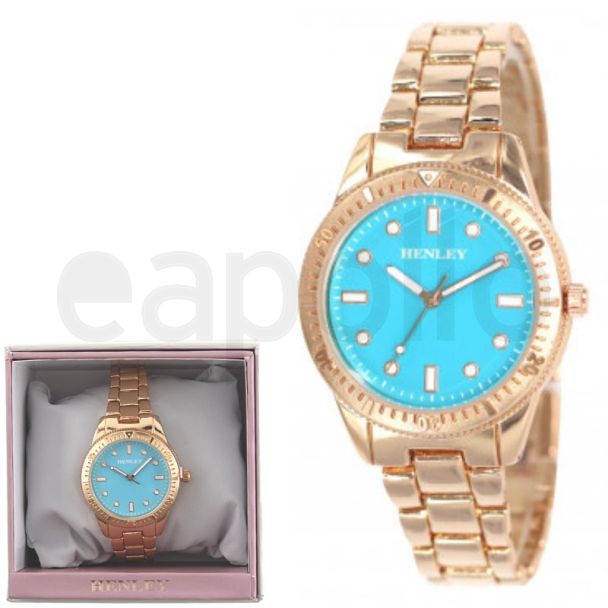 Wholesale Ladies Henley Round Metal Bracelet Watch - Candy Blue/Rose Gold 