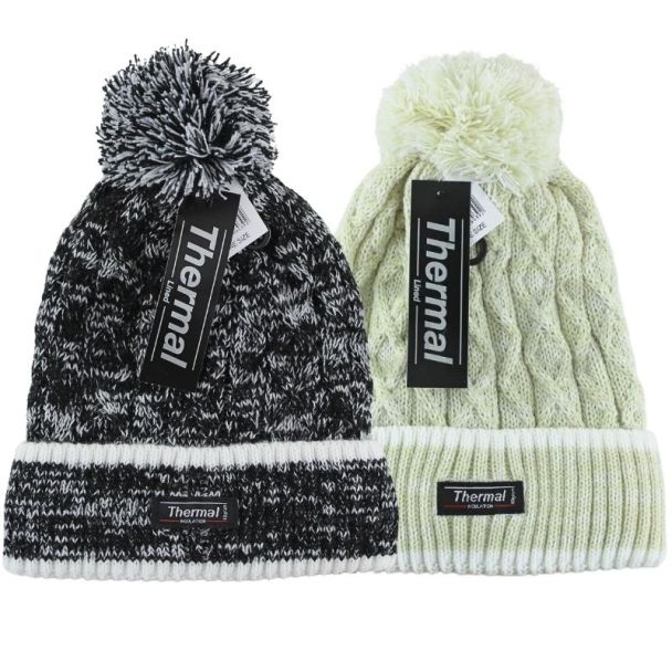 Ladies Thermal Knitted Bobble Hat - Assorted 