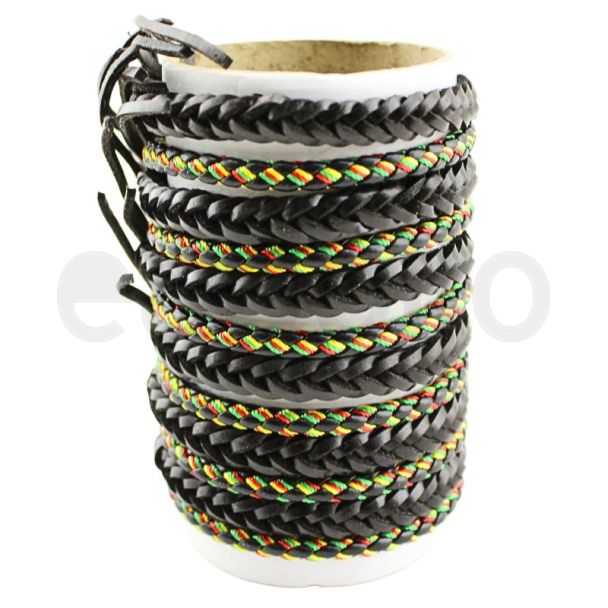 Wholesale Leather Bracelet - Black Rasta Design (12 Pieces)