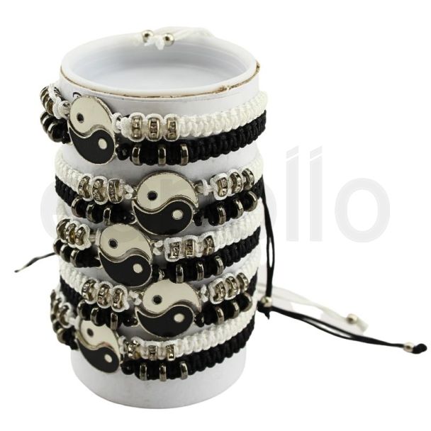 Wholesale Leather Bracelet - Black & White Ying Yang Design (12 Pieces) 