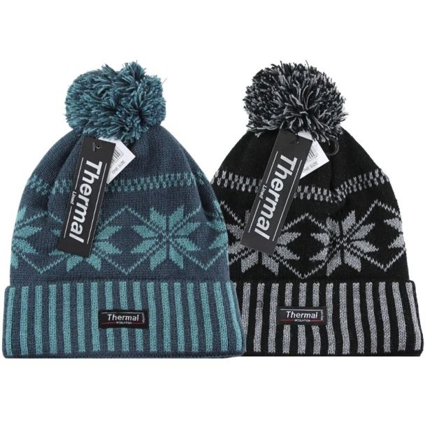 Man's Thermal Pattered Knitted Bobble Hat - Assorted 