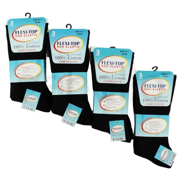 Wholesale Men's 100% Cotton Black Flexi-Top Non-Elastic Diabetic Socks - (3 Pair pack)