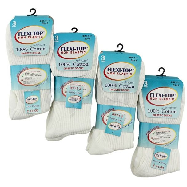 Wholesale Men's 100% Cotton White Flexi-Top Non-Elastic Diabetic Socks - (3 Pair pack)