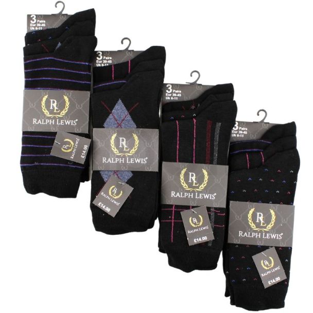 Wholesale Men's Mixed Pattern Socks - Ralph Lewis (3 Pair Pack) - Asst 