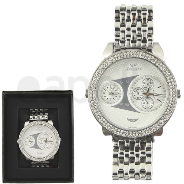 Wholesale Men's NY London Large Round Metal Bracelet Watch - Silver 