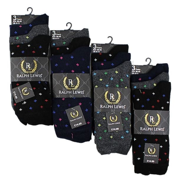 Wholesale Men's Ralph Lewis Socks - "Crosses" Design (3 Pack) - Assorted Colours and Designs