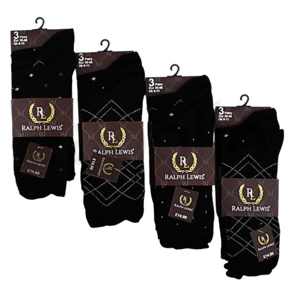 Wholesale Men's Ralph Lewis Socks - Mixed Argyle & Diamond Design (3 Pack) - Assorted Colours and Designs